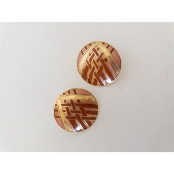 Vintage Damascene Earrings Round Gold & Brown Geometric Design - Picture 4 of 6